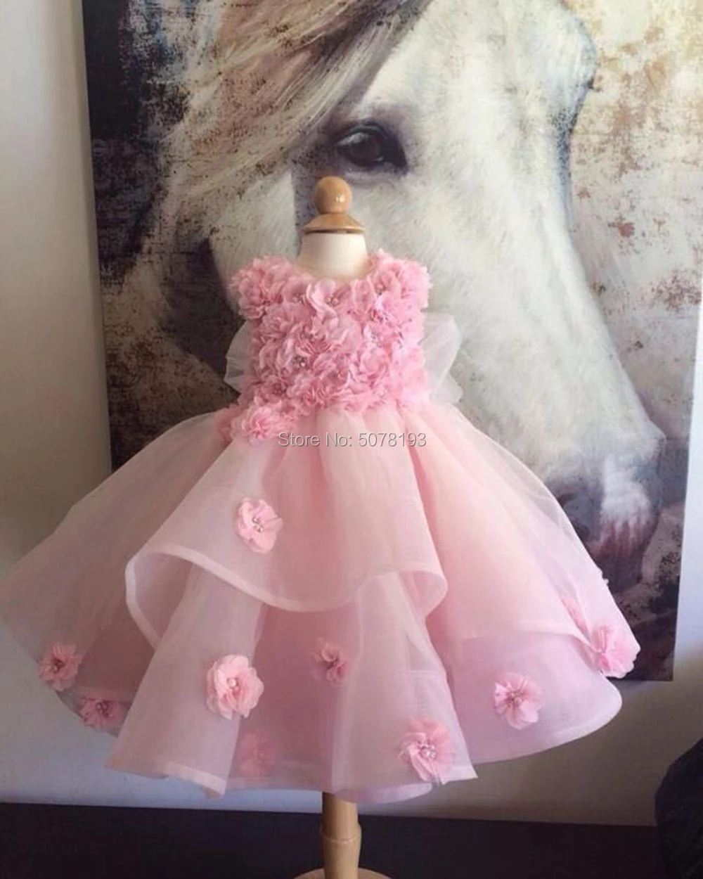 

9101 pink lovely flower girl dresses/formal gowns tea-length blossom bow free shipping