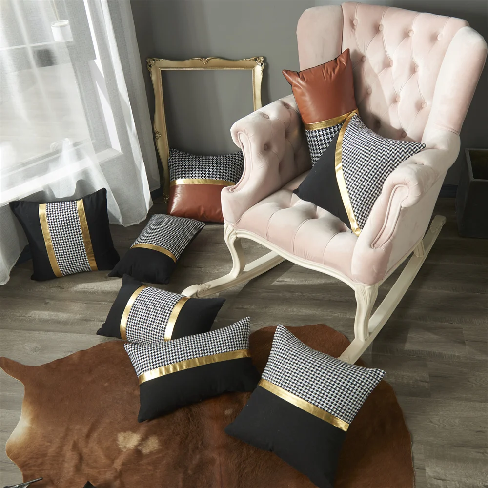 Modern Simple Throw Pillow Case Black Gold Luxury Cushion Cover Leather Houndstooth Stitching Pillow Cover Sofa Chair Home Decor