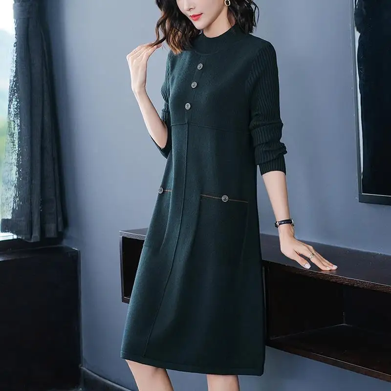 Slim Knitting Dress For Women Autumn 2024 New Casual Solid Half High Collar Pullover Button Pockets Knee-Length Bottom Clothes