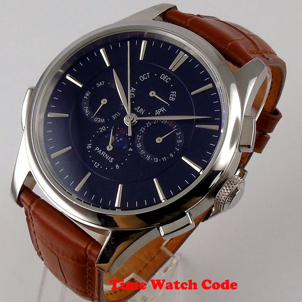 

44mm Parnis Automatic Men's Wristwatch Black dial Moon Phase day date indicator multifunction week display brown leather strap