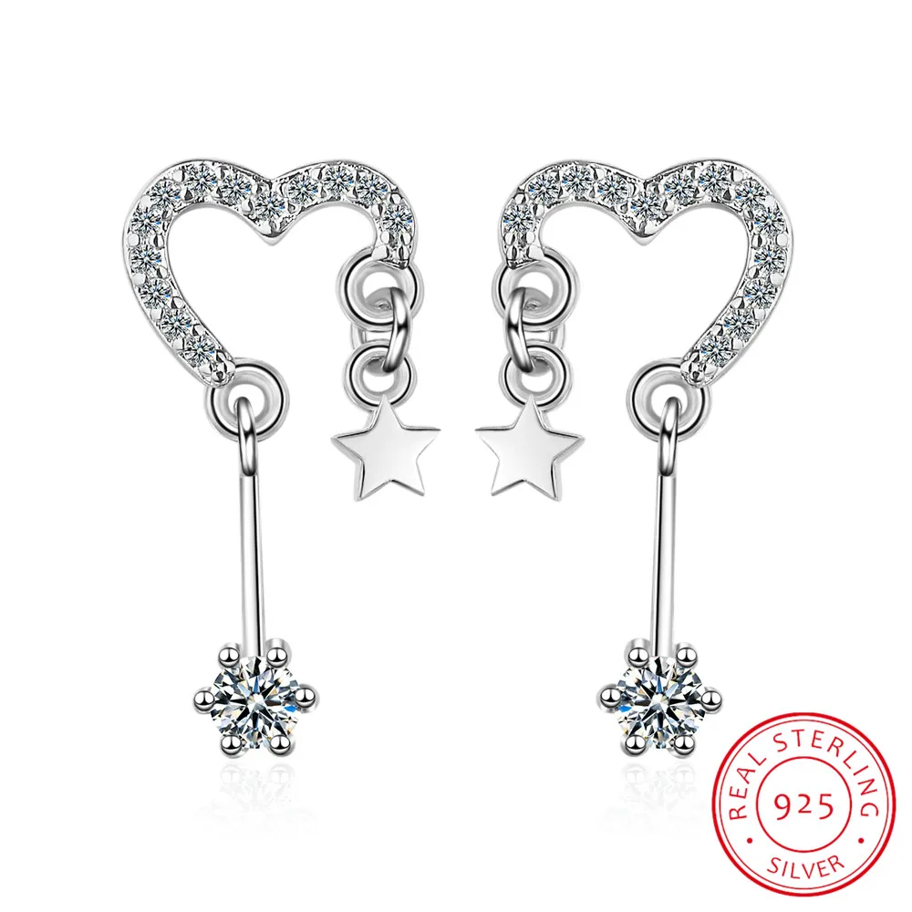 LEKANI Authentic 925 Sterling Silver Star and Heart Drop Earrings for Women Dazzling CZ Engagement Jewelry Arete Brincos BSE277