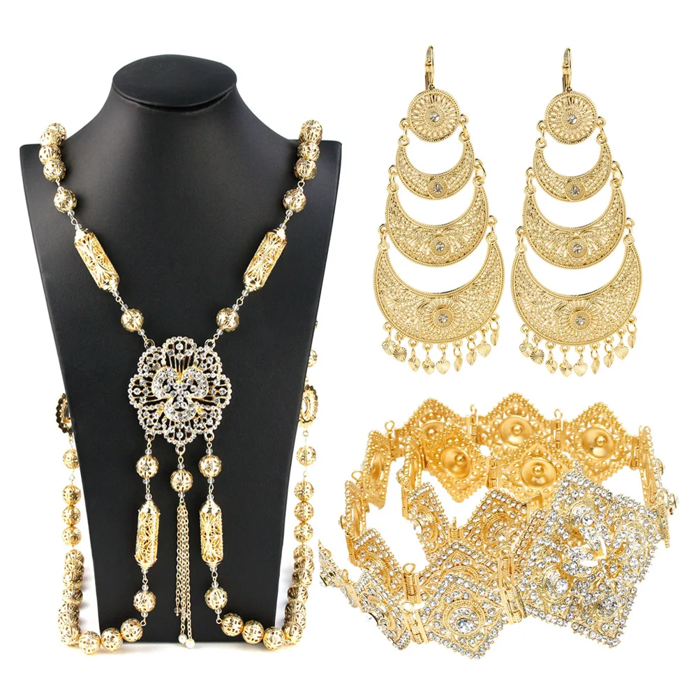 Sunspicems Chic Algeria Moroccan Bridal Jewelry Set Full Crystal Body Chain Belt Long Earring For Women Gold Color Caftan Bijoux