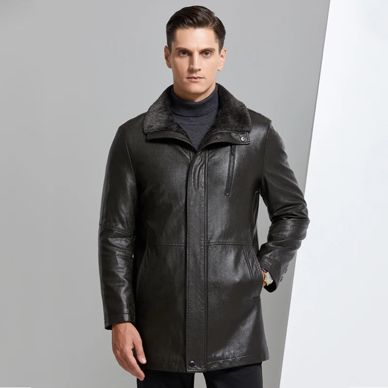 2020 New Winter Men's Jacket Fur Collar Liner Warm Leather Jackets for Men Outdoor Business Winter Mne's Coat Medium Long, M-4XL