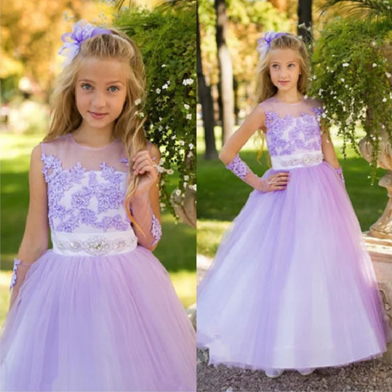 Without Glove Purple Kids Princess Beading Sash Flower Girl Dress For Wedding Party Vestido Baby First Comunion Celebrity