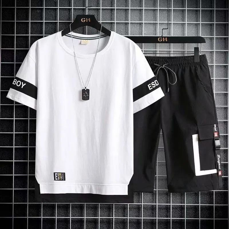 Conjuntos de camisetas masculinas de verão, moda japonesa, agasalho de corrida masculino com manga curta + shorts esportivos, roupas casuais para homens