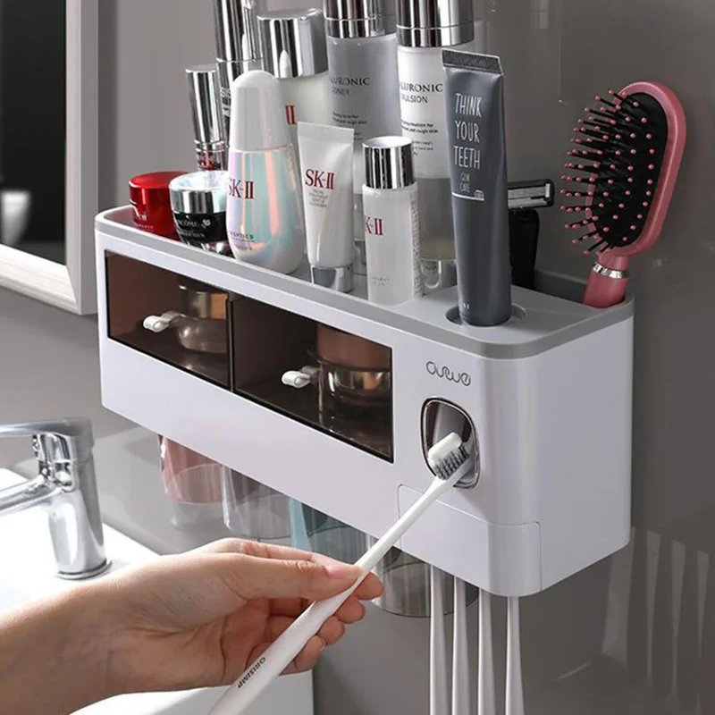 

Bathroom Toothbrush Holder Mouthwash Cup Wall-Mounted Free of Punch Drawer Storage Box Set Automatic Toothpaste Extruder