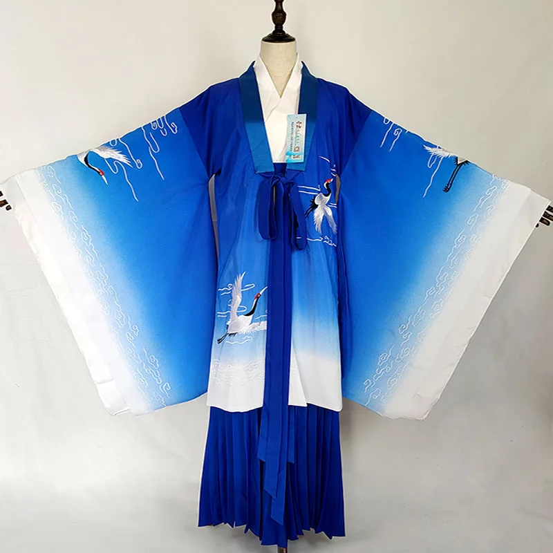 

Blue Embrodiery Hanfu Original Immortal Crane Fairy Wide Sleeve Wide Hem Heavy Embroidery Gradient Color Female Costume Hanfu