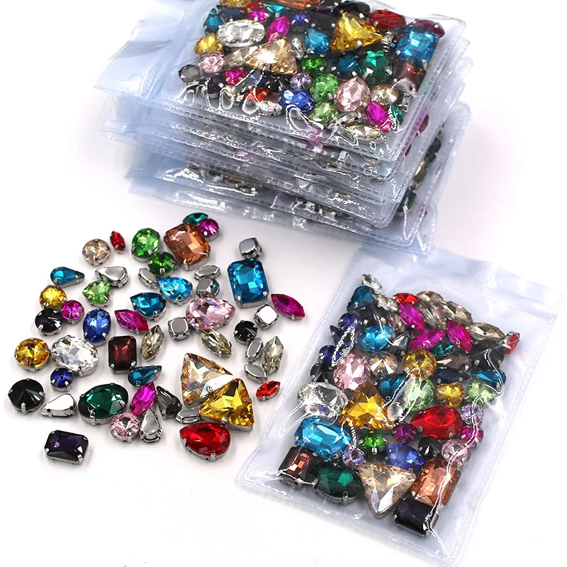 Hot Sale  Wholesale 5 bags mixed shape mix colors silver base sewing glass crystal rhinestones for clothing/wedding dress