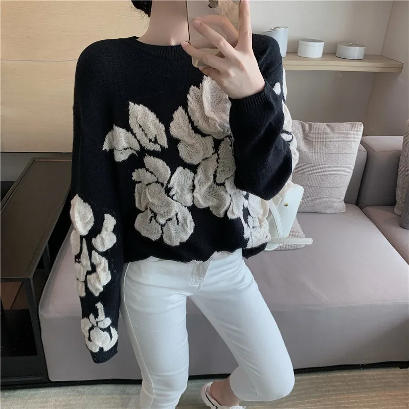 2020 Autumn Winter Floral Print Sweater Women Knitted Pullover Femme Sweaters High Quality Knitted  black Sweater Jumper