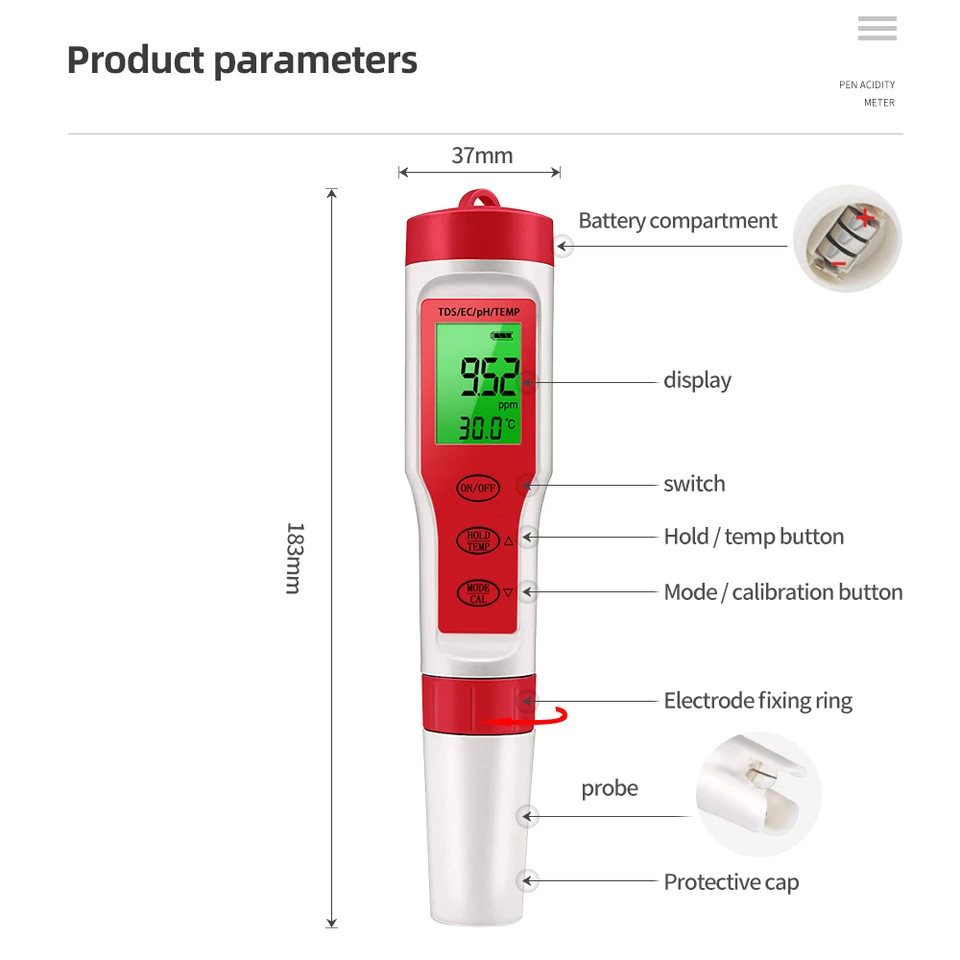 Multifunction Water Quality Tester PH/ TDS/EC /Salinity Tester LCD Digital Water Purity Temperature Meter for Pools Aquariums, image 5
