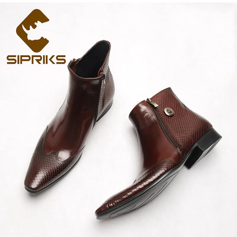 SIPRIKS Double Zip Boots Men\'s Burgundy Leather Ankle Boots Pointed Toe Black Wedding Booties Euro 45 Outdoor Shoes Italian