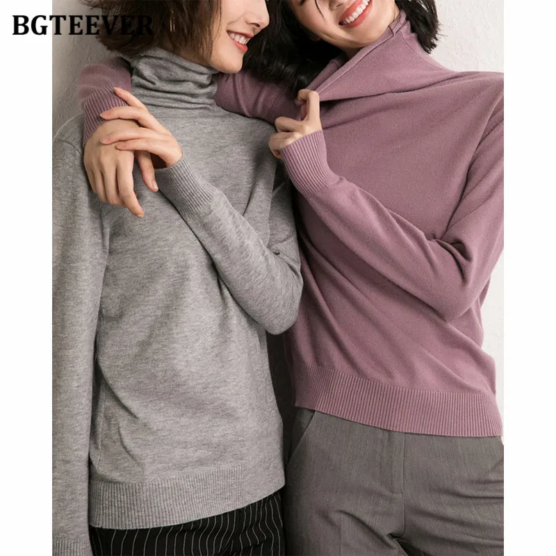 BGTEEVER Chic Turtleneck Knitted Female Pullovers Elegant Full Sleeve Slim Women Sweater 2021 Autumn Winter Women Knitwear Tops