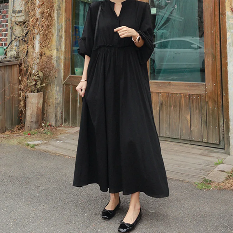 Loose oversized Lantern Sleeve Solid Ruffles V-neck Shirt Ankle-Length A Line Dresses for Women V507