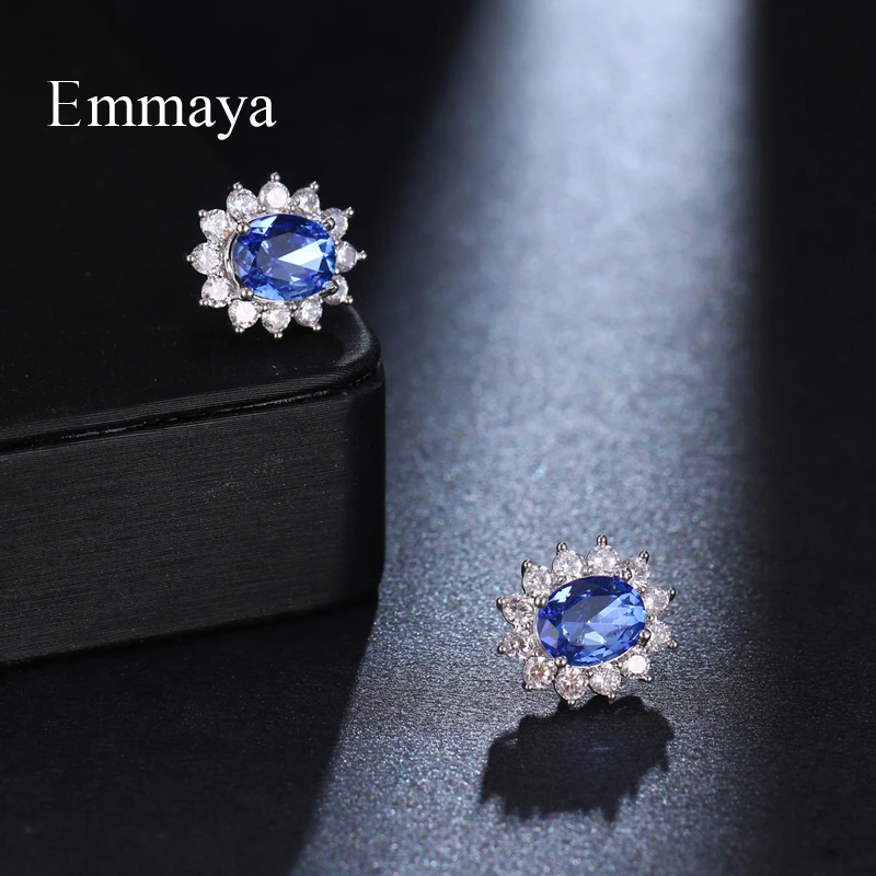 Emmaya Classic Style Oval-Flower Shape Earring For Female Charming Decoration With Shiny Blue Zirconia In Banquet Fancy Jewelry