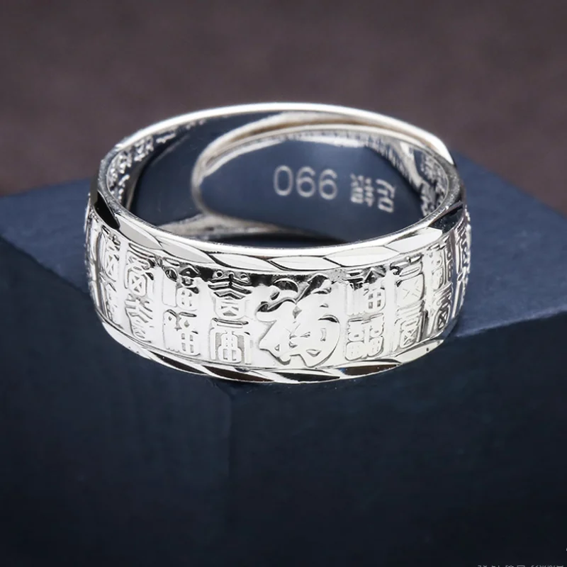 BOCAI New Trendy Real Solid s999 Silver Jewelry Retro Scripture Creativity Pak Fook Simple Heart Sutra Men and Women Ring