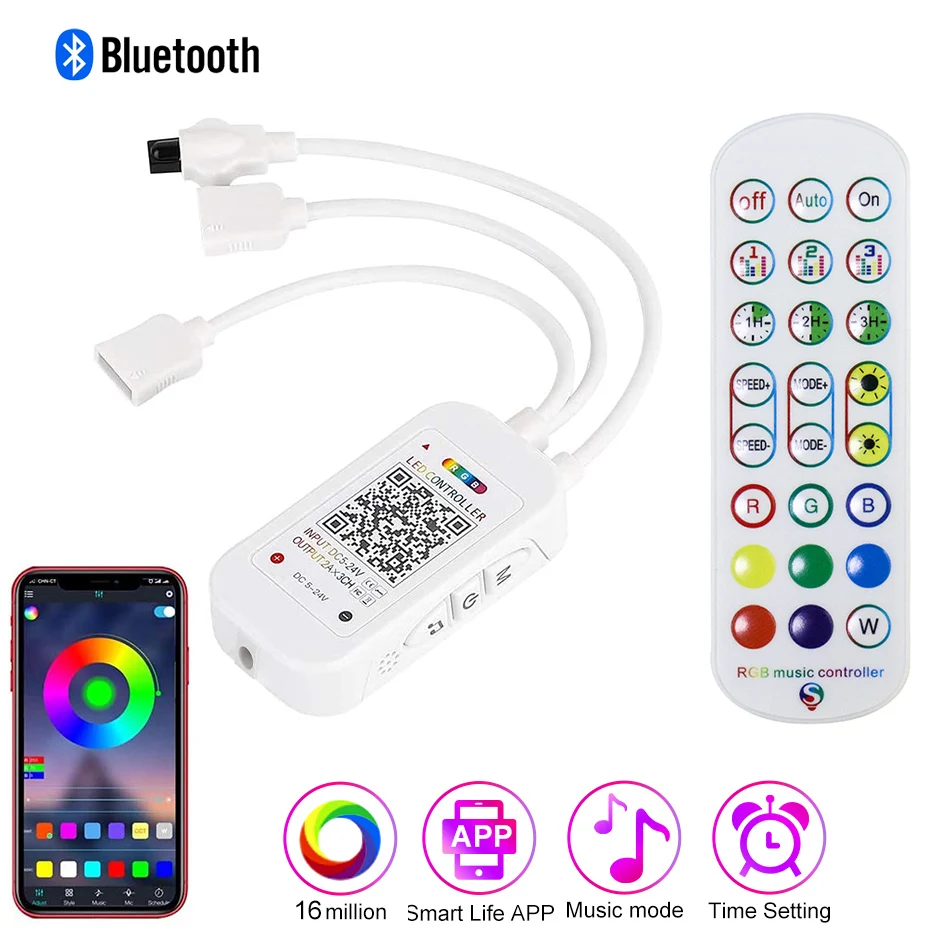 LED Strip Controller With 24/44 Key IR Remote Bluetooth/Tuya Wifi Control For 12V LED Light Strips Music Microphone Smart Device