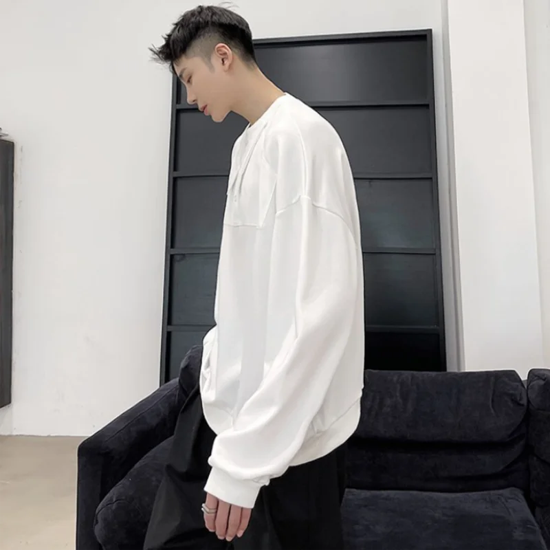 Men's spring new round collar lapel overlapping splicing minority design personality shirt Korean edition loose casual s