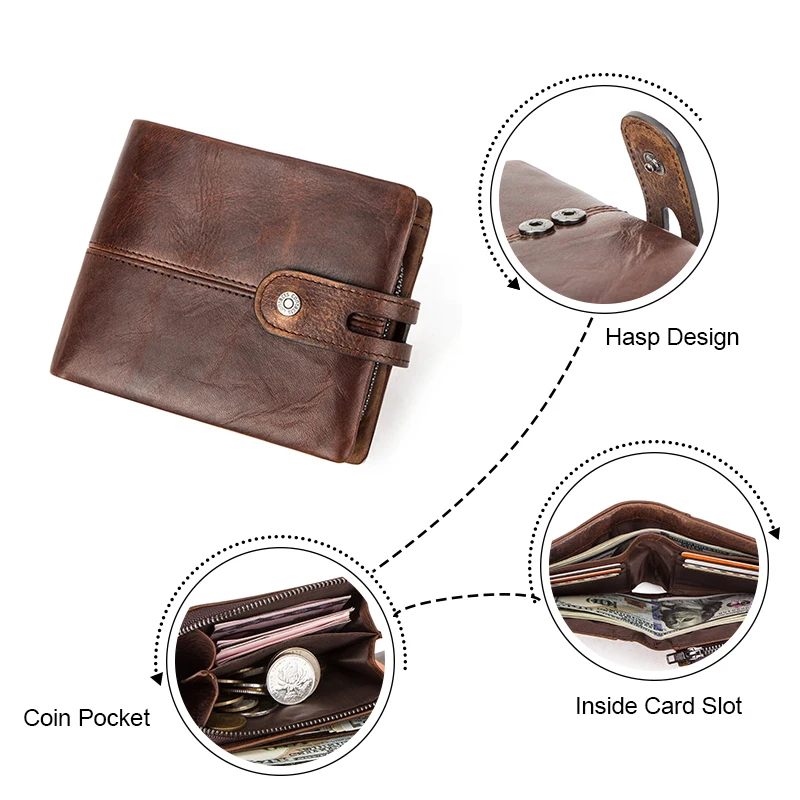 CONTACT\'S Casual Men Wallets Crazy Horse Leather Short Coin Purse Hasp Design Wallet Cow Leather Clutch Wallets Male Carteiras