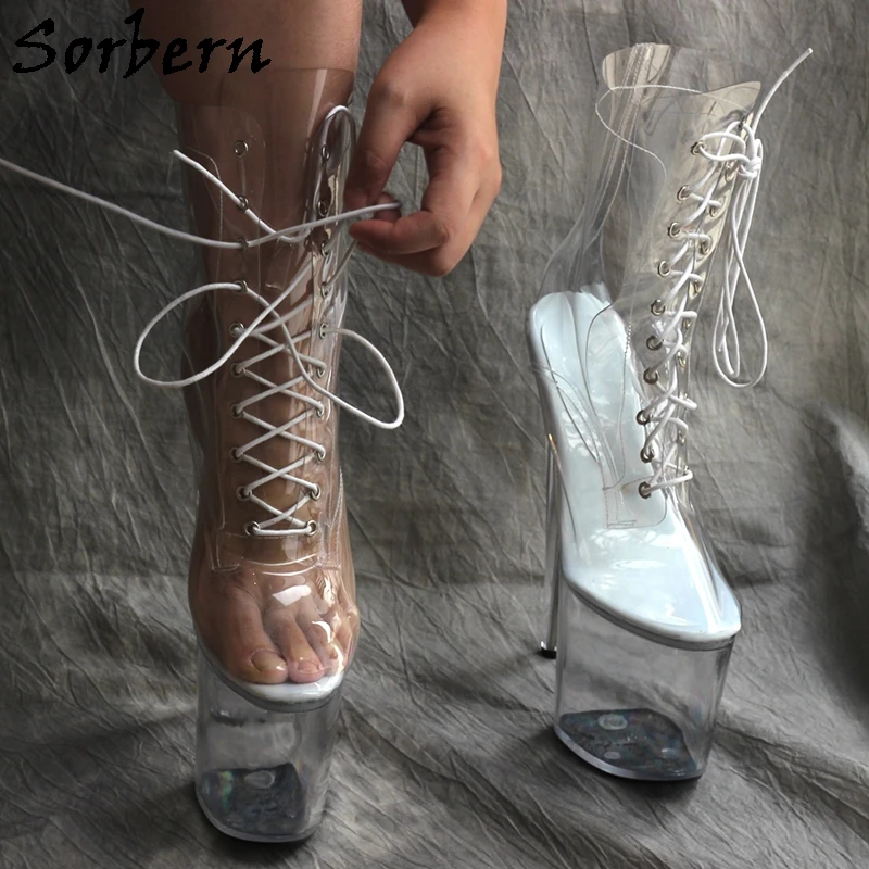 Sorbern przezroczyste buty damskie 20Cm striptizerka obcasy buty do tańca na rurze zasznurować zobacz Thorugh Perspex Heel wiele kolorów