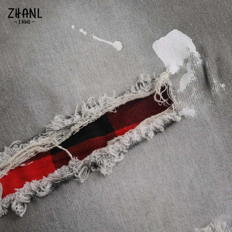 Fashion Men Ripped Skinny Stretch Patchwork Black jeans Grid Beggar Patches Slim Fit Denim Pencil Pants Painting Jogging Jean