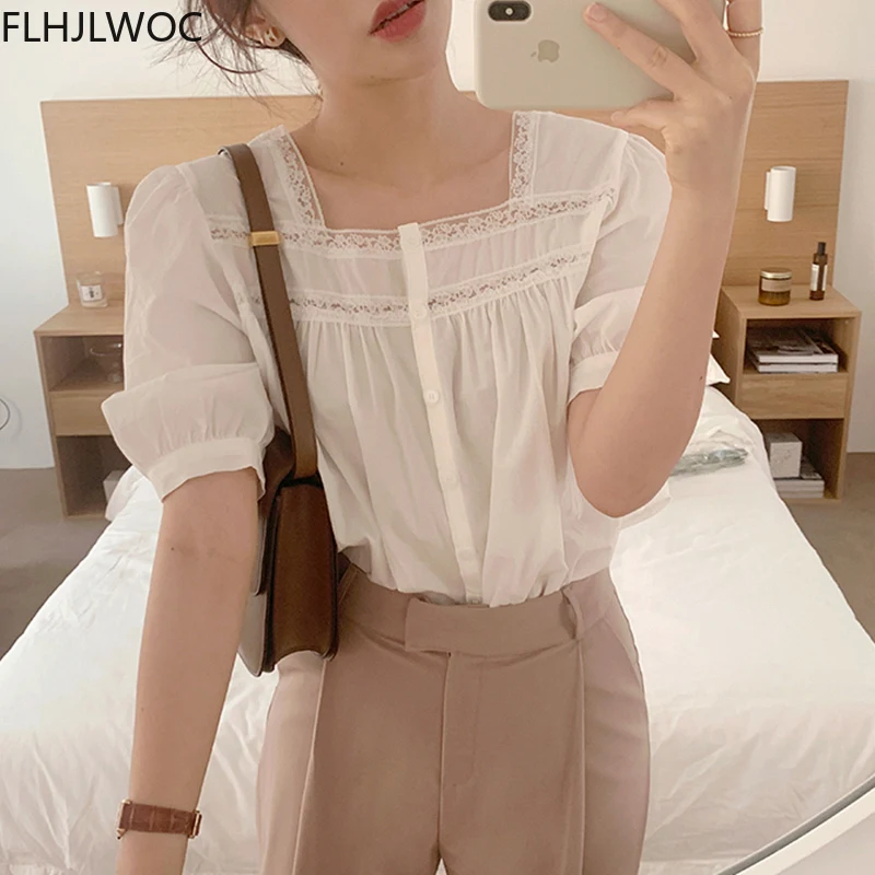 Chic Lolita Style Sweet Girls Women Hollow Out White Lace Square Neck Tops Blusas Button White Shirts