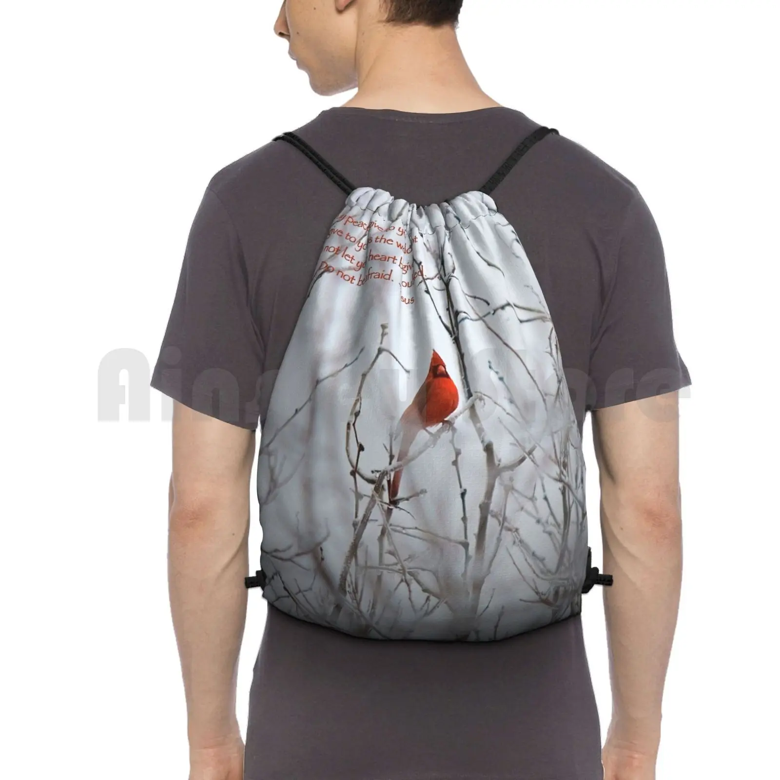 Let Not Your Heart Be Troubled-Winter Cardinal Backpack Drawstring Bags Gym Bag Waterproof Peace Cardinal Winter Cardinal