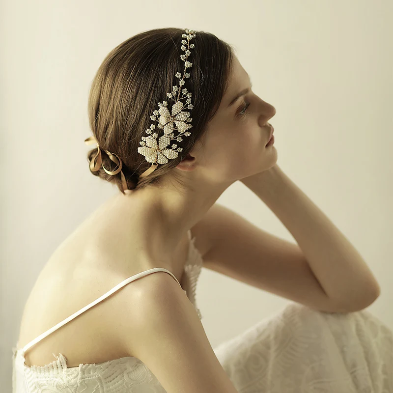 O820 Wanita Perhiasan Mutiara Headband Mahkota Bunga Beaded Headband Manis Rhinestone Bride Hairband untuk Anak Perempuan