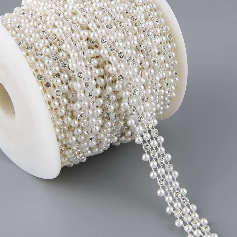 1Yards 15mm Width ABS Flatback Imitation Pearl with 4mm Round Rhinestone Chain Sewing Trim Wedding Clothes Cake Decoration Diy