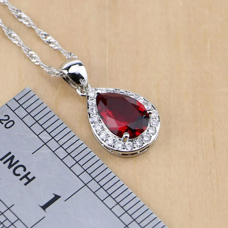 Water Drop Silver 925 Jewelry Red Ruby White Topaz Jewelry Sets Women Long Earrings/Pendant/Necklace/Rings/Bracelet Dropshipping