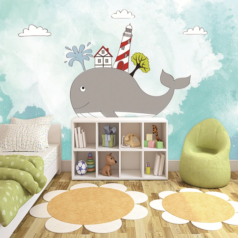 Custom Mural Wallpaper Cartoon Whale White Cloud Children's Room Background Wall Painting