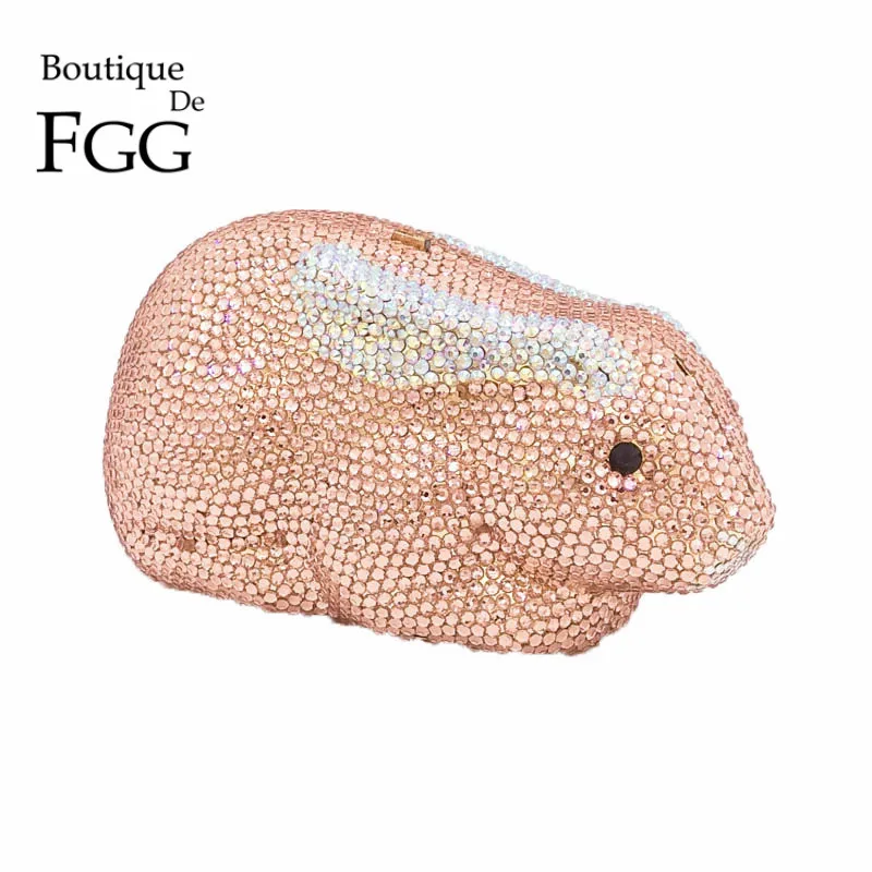 

Boutique De FGG Champagne Crystal Women Rabbit Bunny Evening Clutches Bag Bridal Handbag Wedding Party Prom Minaudiere Clutch