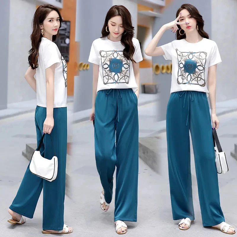 2025 Summer New Women Two-piece Suit Middle Aged Loose Short Sleeve Tshirt Tops And Wide leg pants 2 piece Set Female Outfits