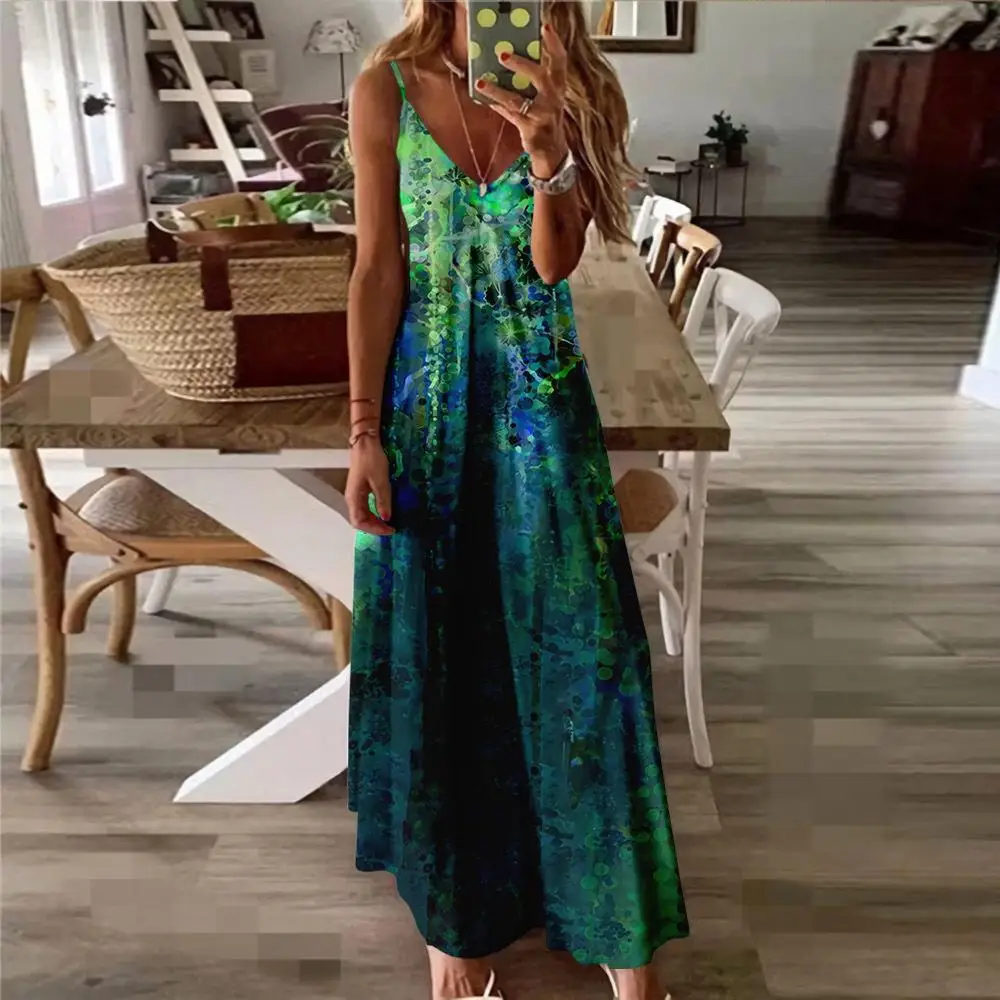 

New Summer Women V-Neck Strap Floral Printing Sexy Beach Long Maxi Dress Split Sleeveless Vintage Clothing Vestido Oversized