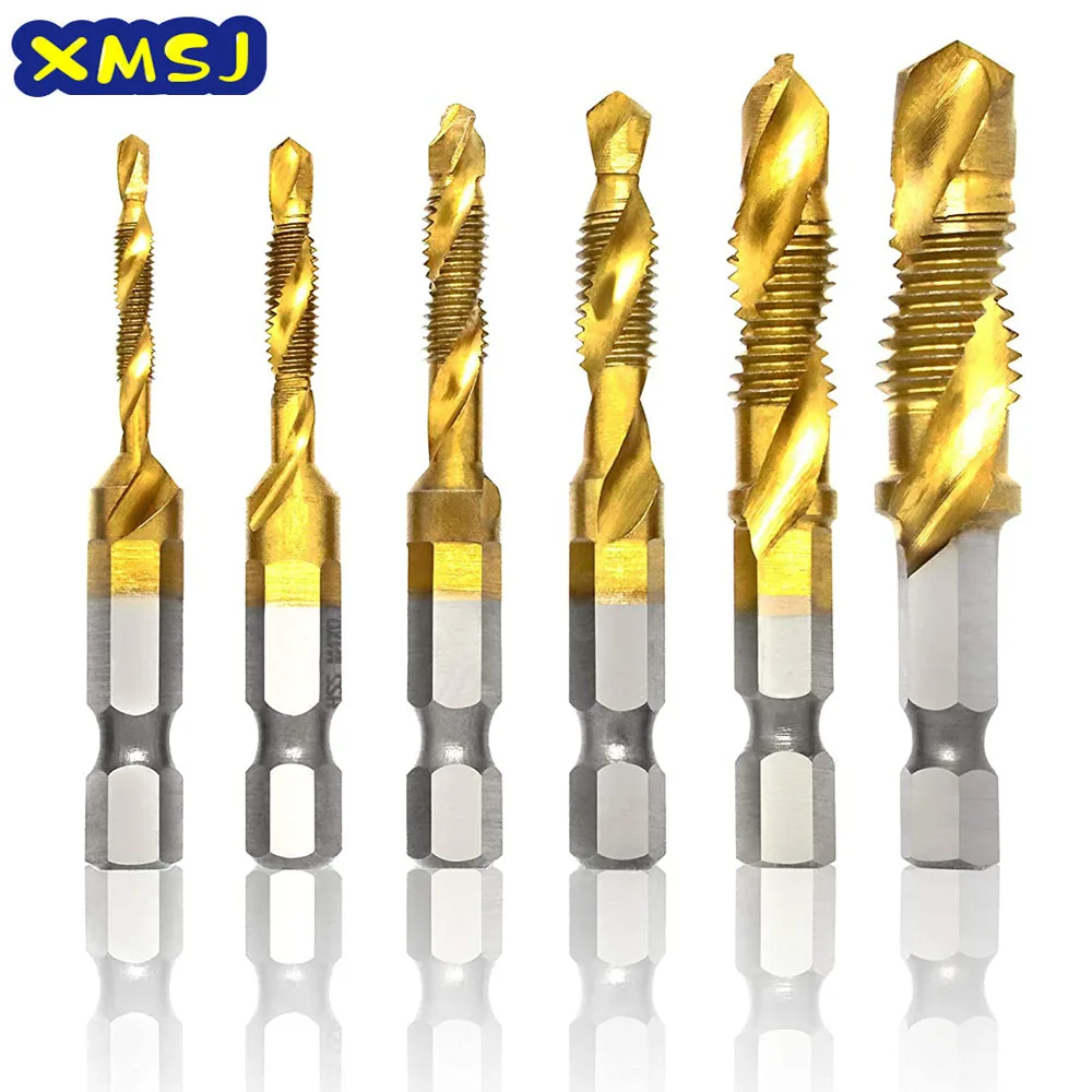 Vástago hexagonal chapado en titanio, rosca de tornillo HSS, brocas de grifo métricas, máquina de tornillo compuesta M3 M4 M5 M6 M8 M10, herramientas manuales