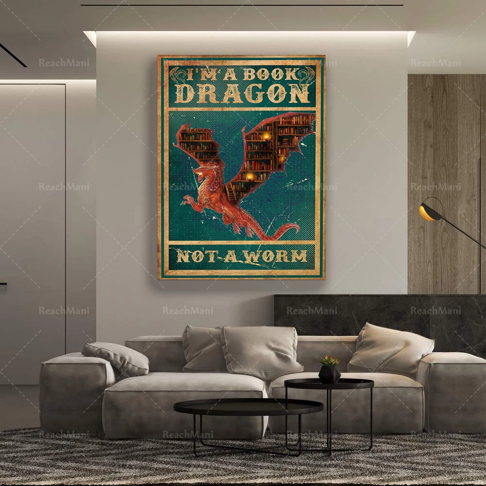 أنا تنين كتاب، ليس دودة، ملصق عاشق الكتب، فن جدار الطالب الذي يذاكر كثيرا، فن قماش القزم للديكور المنزلي، هدية لمحبي الكتب
