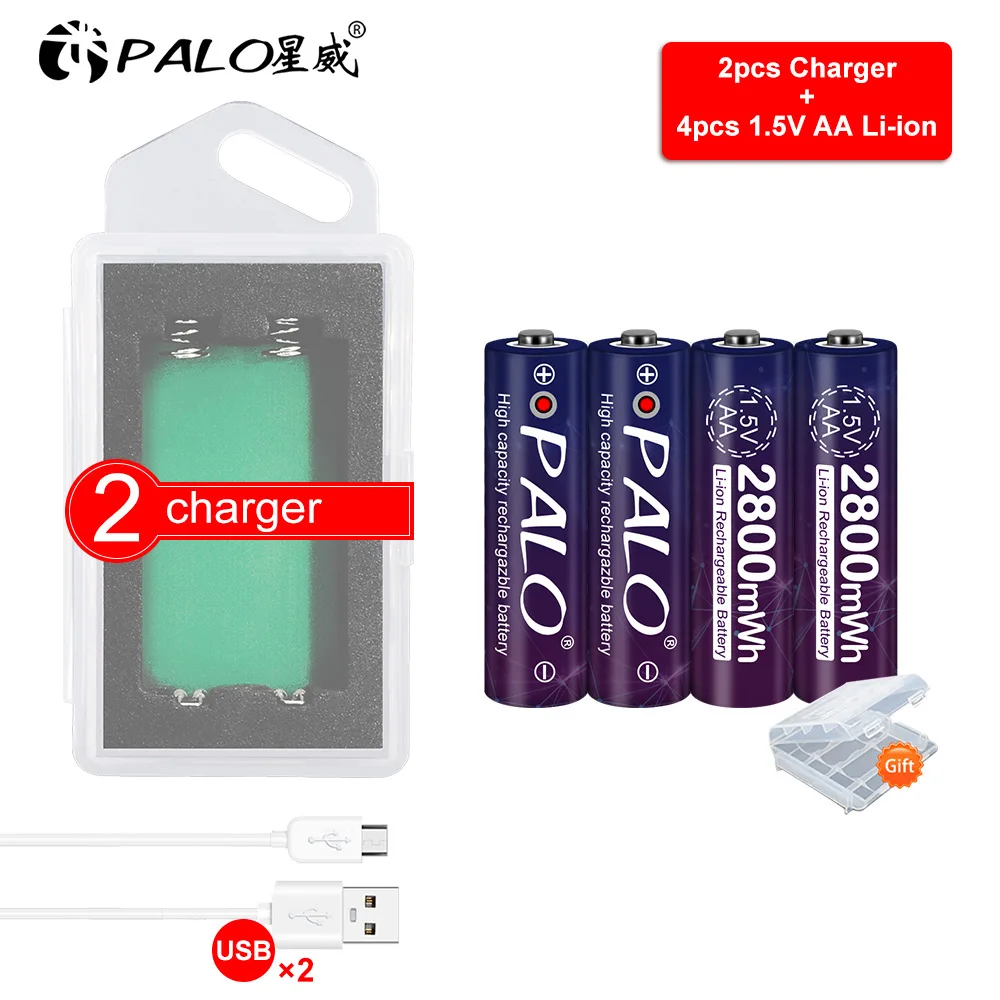 

PALO 1.5v 2800mWh aa polymer lithium li-ion rechargeable batteries battery AA 1.5V stable contant+ 2slots lithium li-ion charger