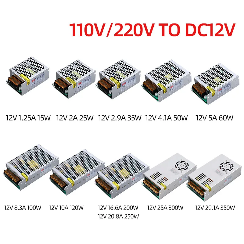 NVVV 스위칭 전원 공급 장치, 전압 안정기 변압기, 5V, 12V, 24V, 36V, 48V, 65V, 15W-800W AC에서 110 V, 220V DC