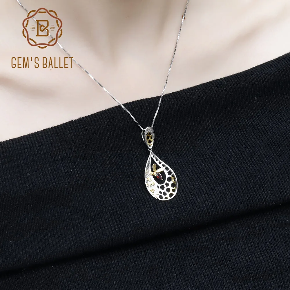 GEM'S BALLET 925 Sterling Silver Gemstone Pendant 0.28Ct Natural Garnet Handmade Bee's Honey Collection Fine Jewelry for Women