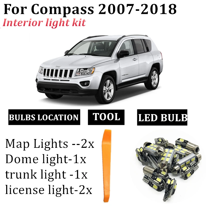 

6x Car LED Interior Reading Dome Map Light Kit For Jeep COMPASS accessories 2007-2018 trunk Dome license plate T10 Festoon led