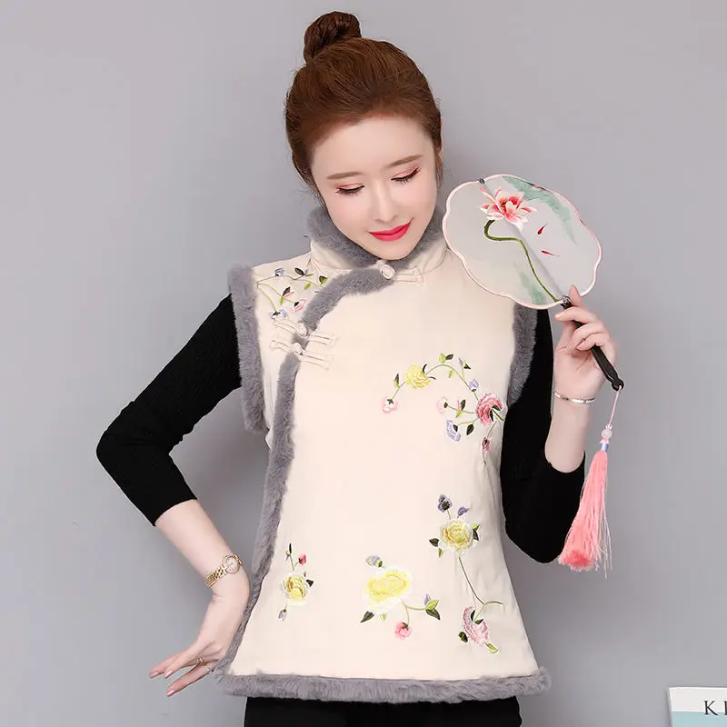 

Chinese Style Cotton Vest Autumn Winter 2021 Improved Tang Suit Retro Buckle Cheongsam Jacket Rabbit Fur Waistcoat Tops y1604