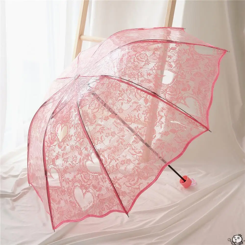 Transparent Princess Wedding Umbrella White Lace Heart Parasol Women Rain Outdoor Thicken PVC Clear Umbrellas For Lovers Girls