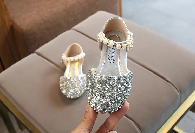 Summer Girls Shoes Bead Mary Janes Flats Fling Princess Shoes Baby Dance Shoes Kids Sandals Children Wedding Shoes Gold