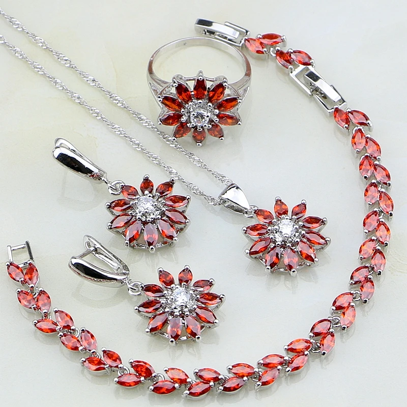 

925 Silver Jewelry Sets Red Cubic Zirconia White Crystal For Women Wedding Flower Earring Indian jewelryNecklace Set