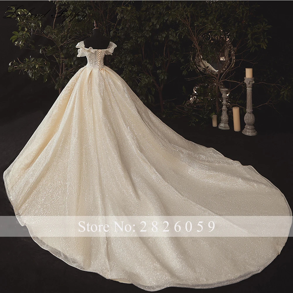 Lceland Poppy Customized Shiny Ball Gown Wedding Dresses Off the Shoulder Beaded Ruffles Floor Length Bridal Gowns