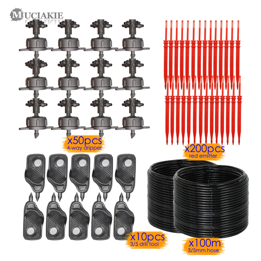 

MUCIAKIE 100M 4LPH Four-Outlet Drip Kit Systems Compensation Emitter 1/8'' Tubing Micro Drip Irrigation Kits Straight Arrow Drip