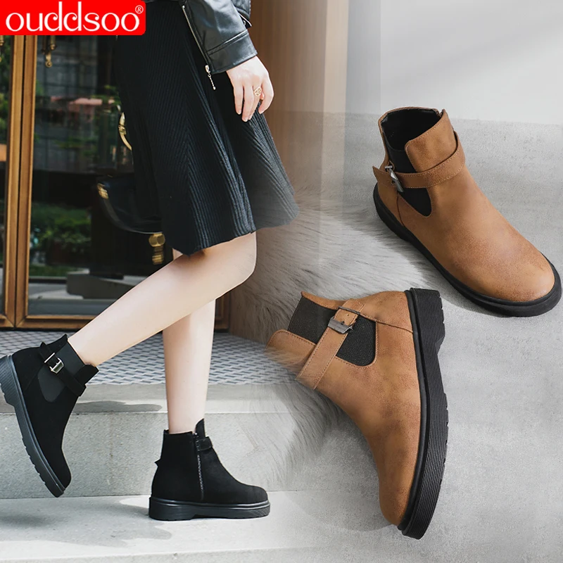 

ODS 2025 New Winter Women Chelsea Boots Faux Suede Casual Party Ladies Round Toe Slip-on Plush British Platform Ankle Boots