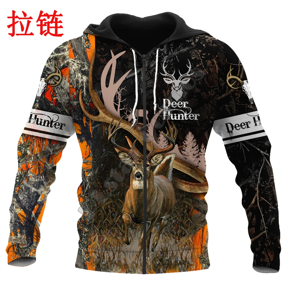 Hunting Deer Black Camo 3D Printed Fashion Mens Autumn Hoodie Sweatshirt Unisex Streetwear Casual Zip Jacket Pullover KJ544