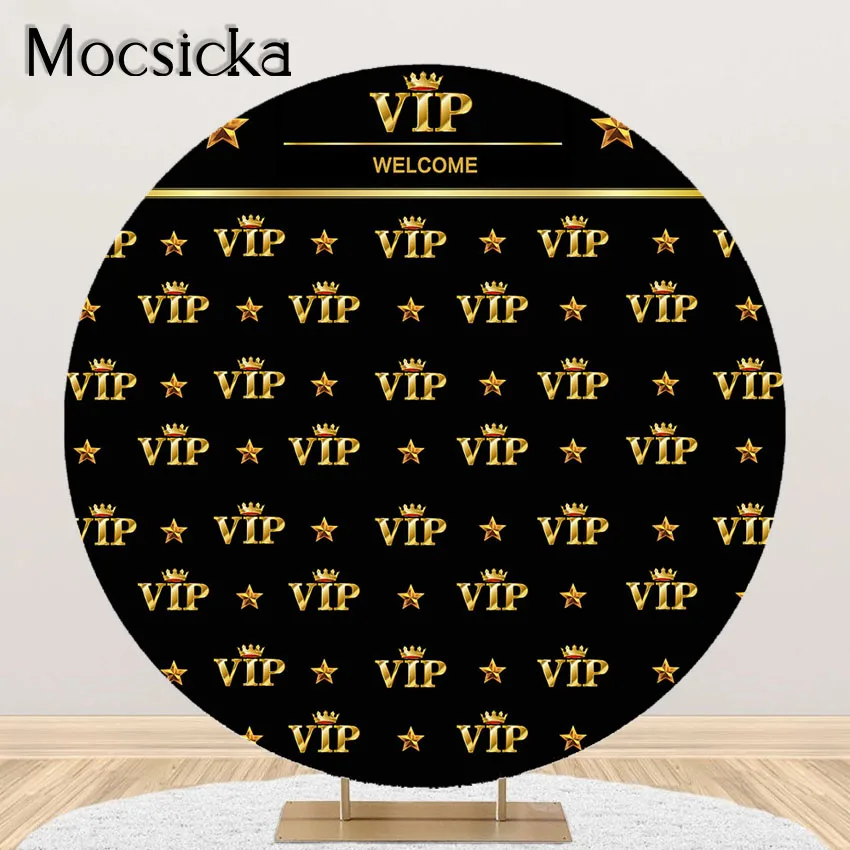 Mocsicka VIP Party Backdrop Adult Royal Crown Black Gold PartyBirthday Party Round Elastic Circle Cover Photoshoot Photocal