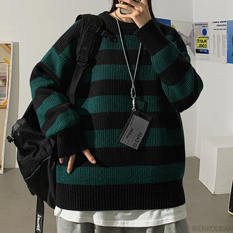 Autumn Green Striped Knitted Sweater Women Winter Pullovers Casual Oversized Sweaters Loose Harajuku Couple Sueter De Mujer