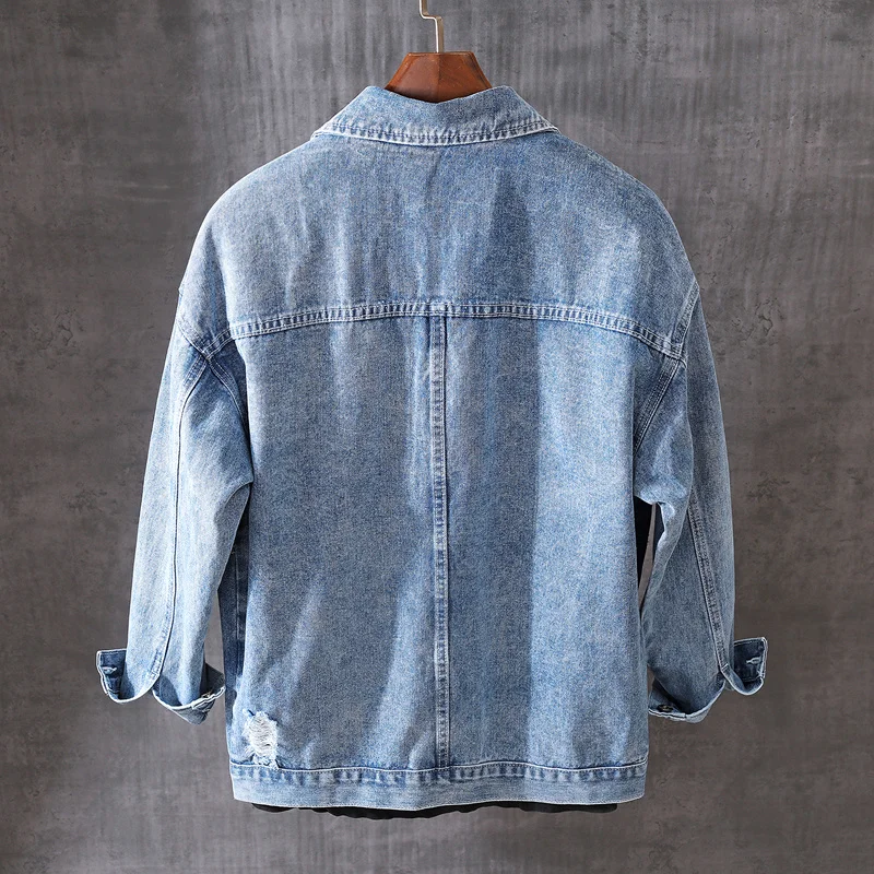 Vitality Youthful Men Denim Jackets Loose Boyfriend Hole Ripped Cowboy Jacket Fashion Single Breasted Washed Blue Shirts Male